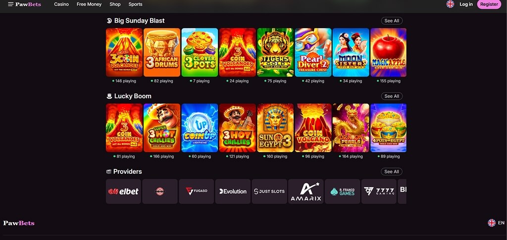 Interface du casino PawBets