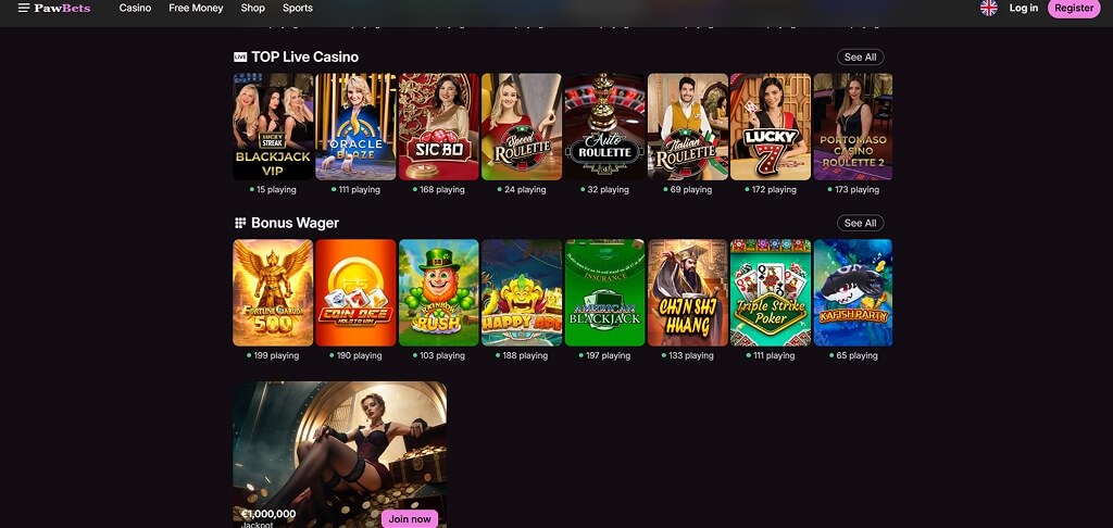 Interface van het PawBets Casino