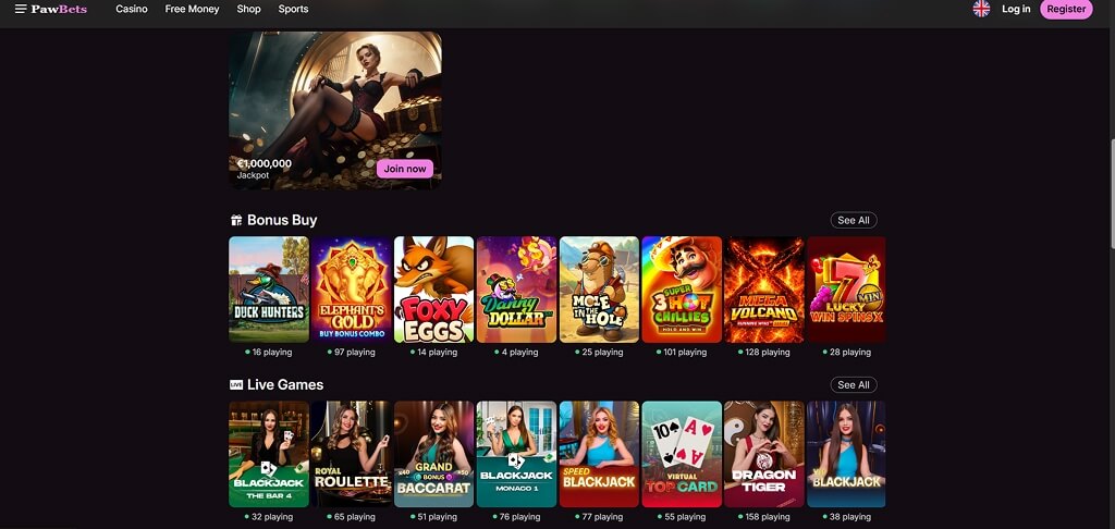 PawBets Casino -Benutzeroberfläche